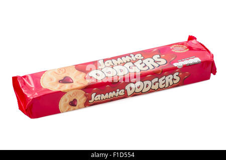 Jammie Dodgers Packung Kekse ausschneiden oder isoliert auf einem weißen Hintergrund, UK. Stockfoto