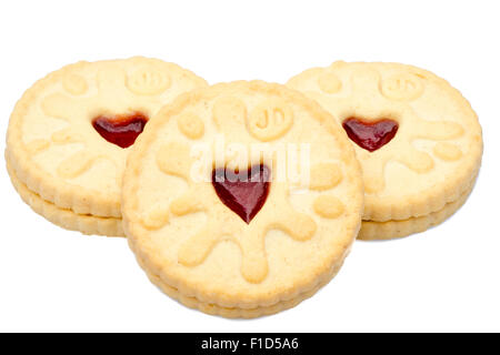 Jammie Dodgers Kekse ausstechen oder auf einem weißen Hintergrund, UK isoliert. Stockfoto