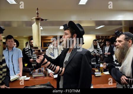 Tora-Rolle wird ausgelöst, nachdem eine Lesung am Wochentag Morgen Dienstleistungen auf eine Synagoge in Brooklyn, New York. Stockfoto