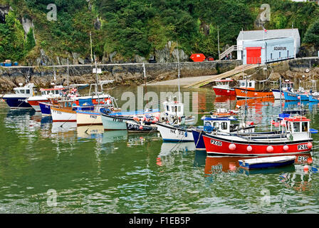 Cornwall coast line und das Fischerdorf Mevagissey mit bunten Fischerboote im Hafen. Stockfoto