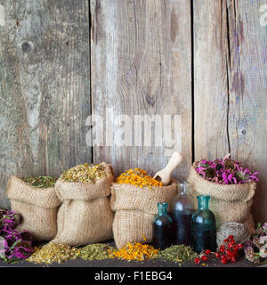 Heilkräuter in Hessischen Taschen und blauen Flaschen mit Tinktur auf alten hölzernen Hintergrund, Kräutermedizin. Stockfoto