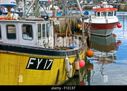 Cornwall coast line und das Fischerdorf Mevagissey mit bunten Fischerboote im Hafen. Stockfoto