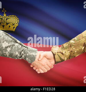 Soldaten, Händeschütteln mit Flagge auf Hintergrund - Liechtenstein Stockfoto