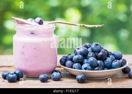 Frische Heidelbeeren Joghurt im Glas und Untertasse mit Heidelbeeren. Stockfoto