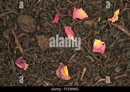 Tee mit getrockneten Stückchen wilde Kirsche und rosa Blütenblätter zurück Stockfoto