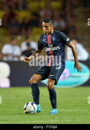 Monaco, Frankreich. 30. August 2015. Französischen Liga 1 Fußball. Monaco im Vergleich zu Paris Saint-Germain. Marquinhos (Psg) © Action Plus Sport/Alamy Live News Stockfoto