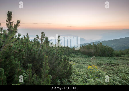 Sonnenaufgang in den Bergen. Bulgarien, Rila-Gebirge Stockfoto