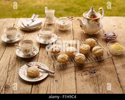 Tabelle mit Afternoon Tea von mit frisch gebackenen Scones mit Marmelade und Clotted cream Stockfoto