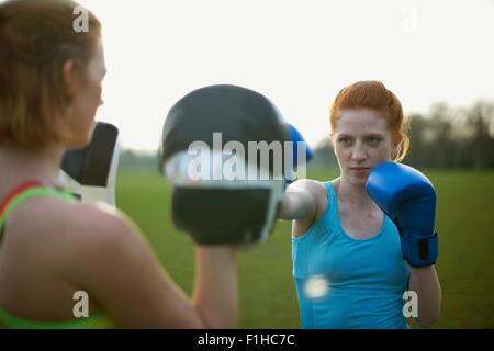 Zwei Frauen mit Boxhandschuhen im Park trainieren Stockfoto