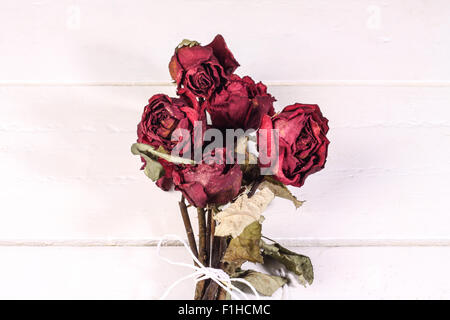 rot getrocknet rose Bouquet wird mit einem Seil gefesselt. Isoliert auf weißem Hintergrund aus Holz Stockfoto