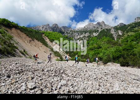 Fünf ältere Wanderer Wandern im Tal, Grigna, Lecco, Lombardei, Italien Stockfoto