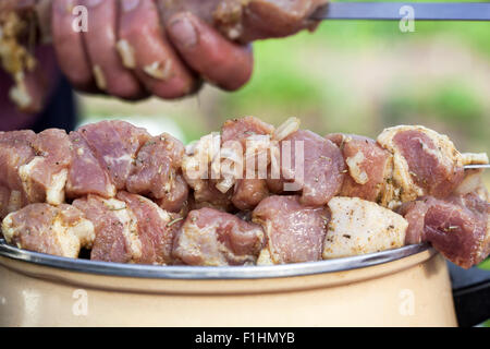 Aufgespießt mariniertes rohes, rotes Fleisch, Schwein und Lamm Schaschlik Shish Kebab Grill Stockfoto