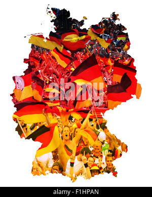 Symbolbild: Bundesrepublik Deutschland: Laenderumriss Mit Flagge Und Jubelnden Fussballfans / symbolischen Bild: Bundesrepublik Deutschland Stockfoto