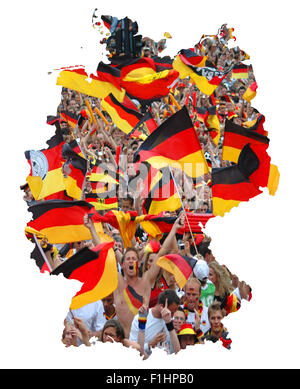 Symbolbild: Bundesrepublik Deutschland: Laenderumriss Mit Flagge Und Jubelnden Fussballfans / symbolischen Bild: Bundesrepublik Deutschland Stockfoto