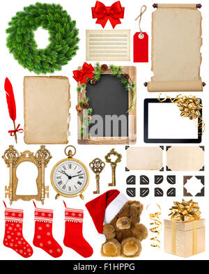 Weihnachts-Dekorationen, Schmuck und Geschenke. Alten Buchseiten, Papier, Kranz, Scroll, Tafel, Ecke und Foto Rahmen isoliert o Stockfoto