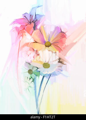 Gänseblümchen, Lilie und Gerbera Blumenstrauß Ölgemälde Stockfoto
