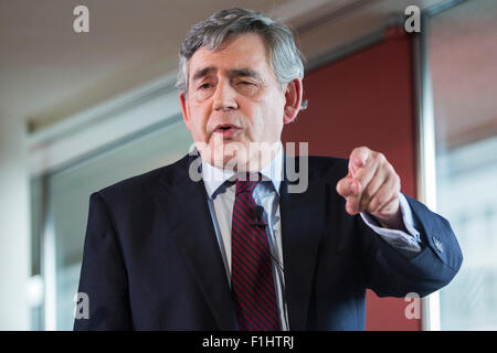 Gordon Brown hält eine Rede in der Royal Festival Hall im Zentrum von London. Stockfoto