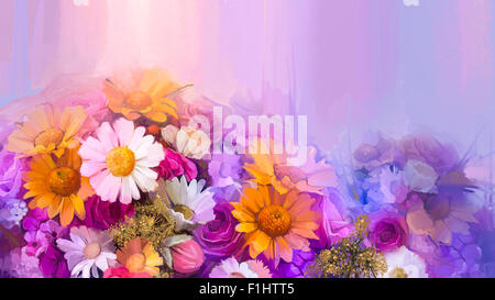 Stillleben mit gelben, roten und rosa Farbe Blume. Ölgemälde - bunten Blumenstrauß Rosen, Gänseblümchen und gerbera Stockfoto