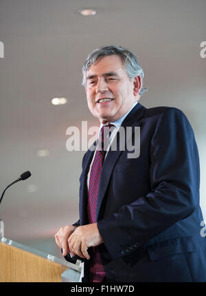 Gordon Brown hält eine Rede in der Royal Festival Hall im Zentrum von London. Stockfoto