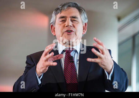 Gordon Brown hält eine Rede in der Royal Festival Hall im Zentrum von London. Stockfoto