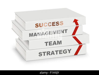 Stapel von Büchern bedeckt-Management, Team, Strategie, Erfolg und Pfeil, Geschäftskonzept auf weiß mit Pfad Stockfoto