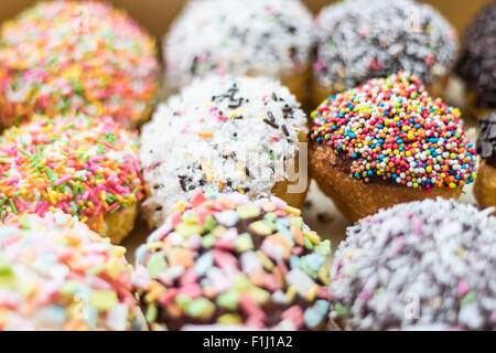 Kuchen mit Schlagsahne, bestreut mit Schokoladenstückchen und dekoriert mit Karamell. Stockfoto