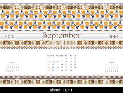 2016 Kalender mit ethnischen Runde Ornament-Muster in weiß rot blau Farben Vektor-illustration Stock Vektor