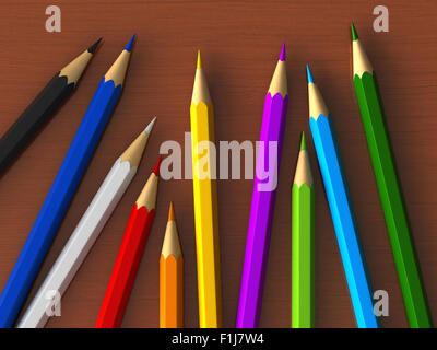 3D Render von Farbstiften über Holztisch Stockfoto