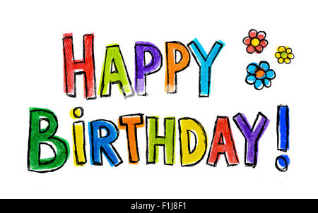 Handgezeichnete Abbildung Happy Birthday auf weißem Hintergrund Stockfoto