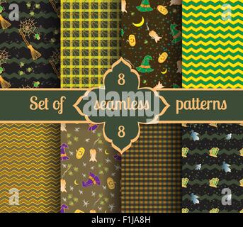 Stellen Sie nahtlose Halloween Hintergründe und geometrischen Mustern. Vektor-Illustration. Stock Vektor