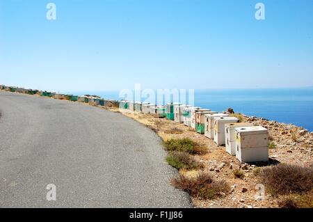 Bienenstöcke auf der Straße über Loutro in Südkreta Stockfoto