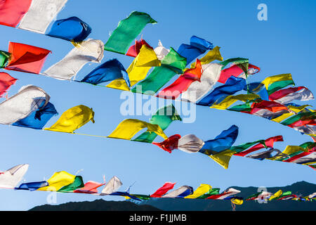 Tibetische Gebetsfahnen im Wind bei Lamayuru Gompa, einem Kloster befindet sich in der kargen Landschaft, Gästehaus, Jammu und Kaschmir winken Stockfoto