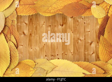 schöne herbstliche Kulisse mit Rahmen aus faded Cherry Blätter auf Holztisch Stockfoto
