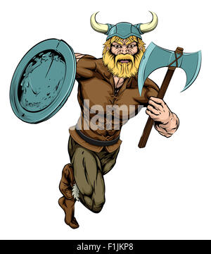 Ein Beispiel für eine harte aussehende Viking Warrior Maskottchen mit Axt und Schild Stockfoto