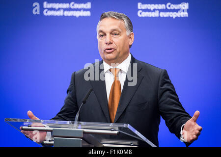 Brüssel, Bxl, Belgien. 3. Sep 2015. Ungarns Premier Viktor Orban gibt eine Pressekonferenz vor der Sitzung am Sitz Europäischen Rates in Brüssel am 03.09.2015 Orban ist die Top-Level-EU-Politiker auf Disscuss Migranten und Flüchtlinge treffen. von Wiktor Dabkowski Credit: Wiktor Dabkowski/ZUMA Draht/Alamy Live-Nachrichten Stockfoto