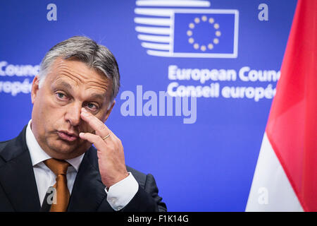 Brüssel, Bxl, Belgien. 3. Sep 2015. Ungarns Premier Viktor Orban gibt eine Pressekonferenz vor der Sitzung am Sitz Europäischen Rates in Brüssel am 03.09.2015 Orban ist die Top-Level-EU-Politiker auf Disscuss Migranten und Flüchtlinge treffen. von Wiktor Dabkowski Credit: Wiktor Dabkowski/ZUMA Draht/Alamy Live-Nachrichten Stockfoto