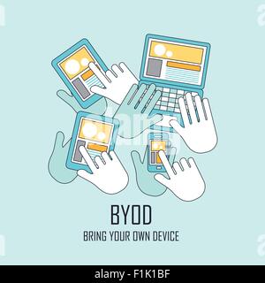 BYOD bringen Ihr eigenes Gerät im flachen dünne Linienstil Stock Vektor