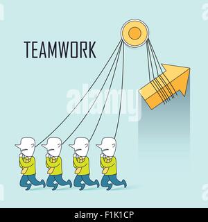 Teamarbeit-Konzept: Geschäftsleute, die gemeinsam in einem Pfeil hochziehen Linienart Stock Vektor