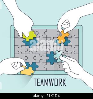 Teamarbeit-Konzept: vier Hände tun Jigsaw Puzzle zusammen Linienart Stock Vektor