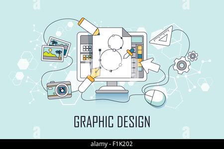 Grafik-Design-Konzept: Computer und Design-Elemente im Linienstil Stock Vektor