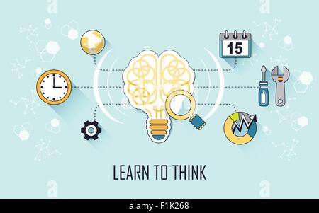 Konzept zu denken lernen: Gehirn und Werkzeuge in Linienart Stock Vektor