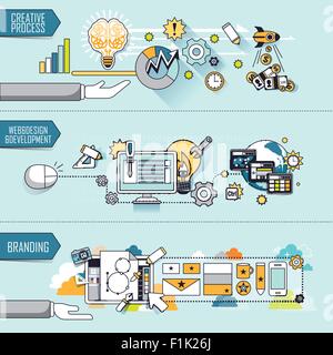 Geschäftskonzept: kreative Prozess-Web-Design und Entwicklung-branding in dünn Linienart Stock Vektor
