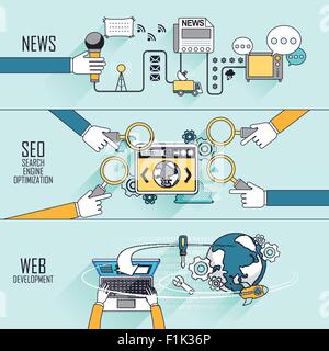Branding-Konzept: News-SEO-Webentwicklung in Linienart Stock Vektor