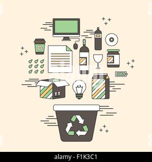 Konzept zu recyceln: Recycling Behälter und die zugehörigen Objekte in Linienart Stock Vektor