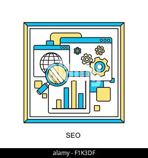 SEO Website Suche Motor Optimierungsprozess in dünne Linienstil Stock Vektor
