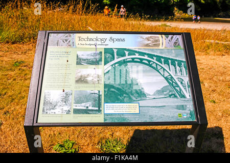 Touristische Informationen über die Kap-Creek-Brücke auf Route 101 bei Heceta Head auf der Küste von Oregon in des Teufels Ellenbogen State Park Stockfoto