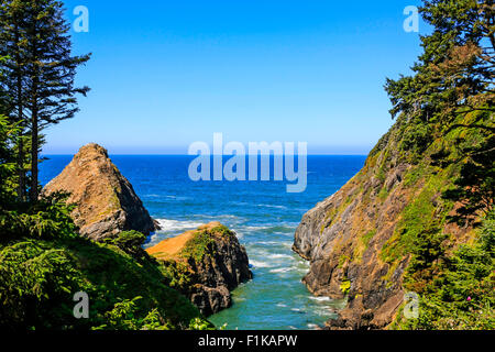 Heceta Head Lighthouse State Park mit Blick auf die Pazifikküste von Oregon befindet sich in einer Bucht an der Mündung des Cape Creek. Stockfoto