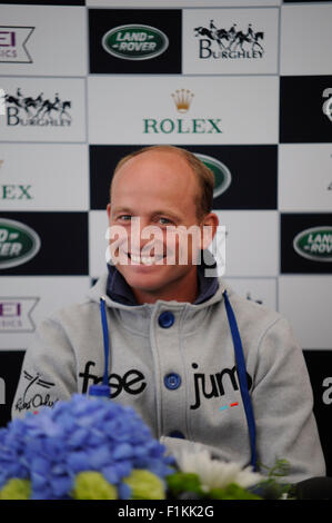 Stamford, Lincs, UK. 3. September 2015.  Der Land Rover Burghley Horse Trials.  Michael Jung bei der Pressekonferenz nach der Dressur an Tag1 der 2015 Land Rover Burghley Horse Trials.  Der Land Rover Burghley Horse Trials statt 3.-6. September.   Jonathan Clarke/GPA Bilder Credit: Jonathan Clarke/Alamy Live-Nachrichten Stockfoto