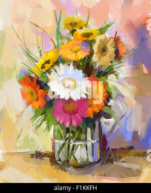 Ölgemälde Stilleben Gerbera Blumen in Glasvase.  Weiße, rote und gelbe Farbe der Gerbera Strauß Blumen Stockfoto