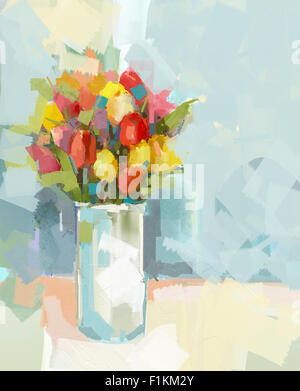 Ölgemälde Stilleben ein Blumenstrauß rote und gelbe Tulpen in weißer vase Stockfoto
